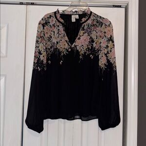 Joie Ruffle Neck Balloon Sleeve Popover Blouse Black Pink Blue Metallic Sz L